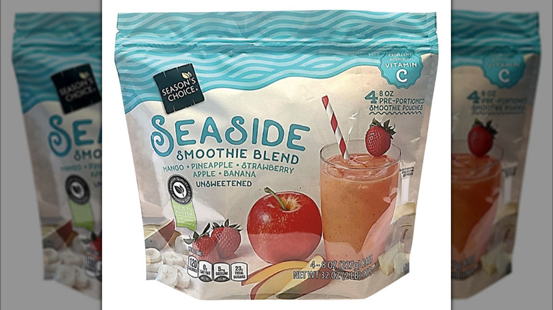 A frozen smoothie blend bag on display