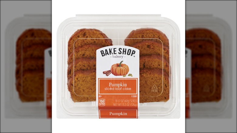 Bake Shop pumpkin sliced loaf cake in plastic container packaging on white background