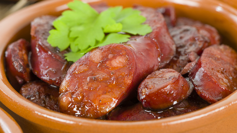 chorizo sausage in wine sauce