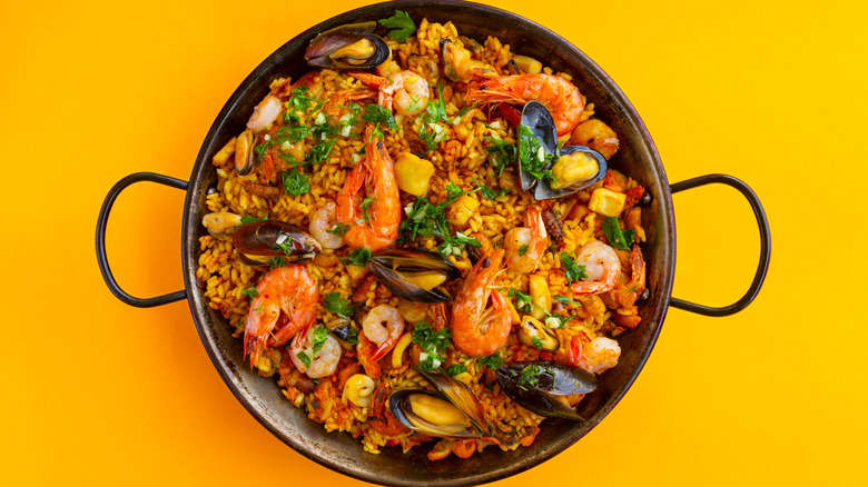 paella seafood and rice dish