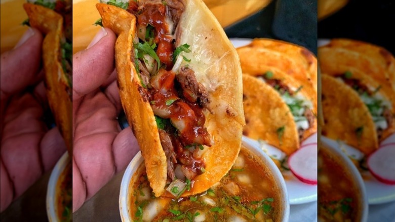 Birria tacos and consommé at Tacos y Birria La Única in Los Angeles, California