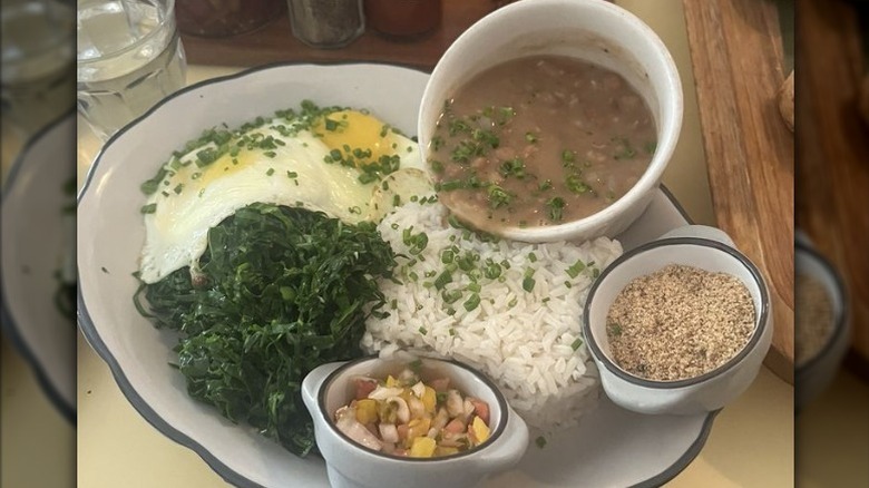 rice, eggs, and Brazilian bean soup