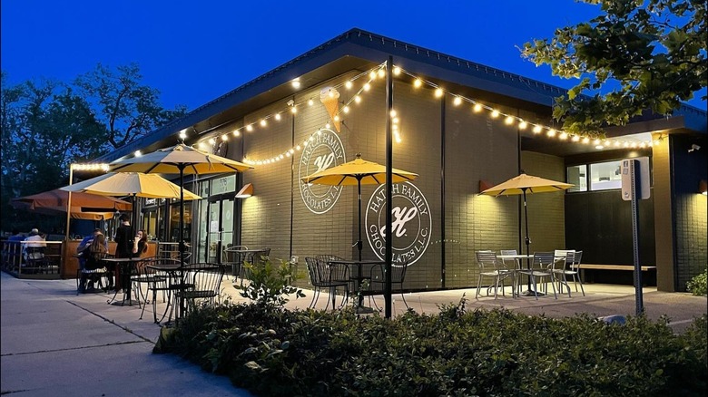 nighttime exterior of Hatch Family Chocolates