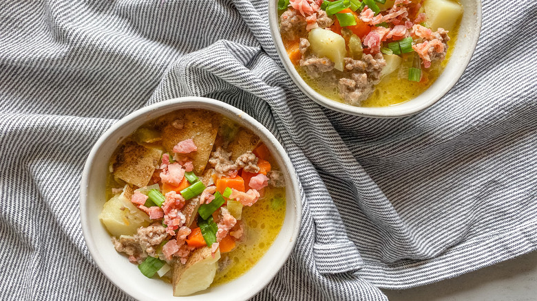 cheeseburger soup in two bowls