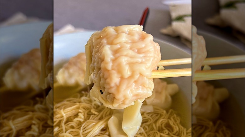 a dumpling and bowl of noodles