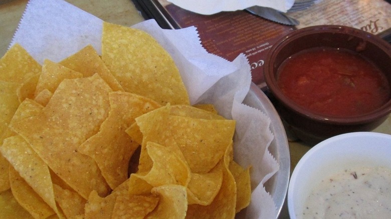 Plaza Azteca white salsa, red salsa, and tortilla chips