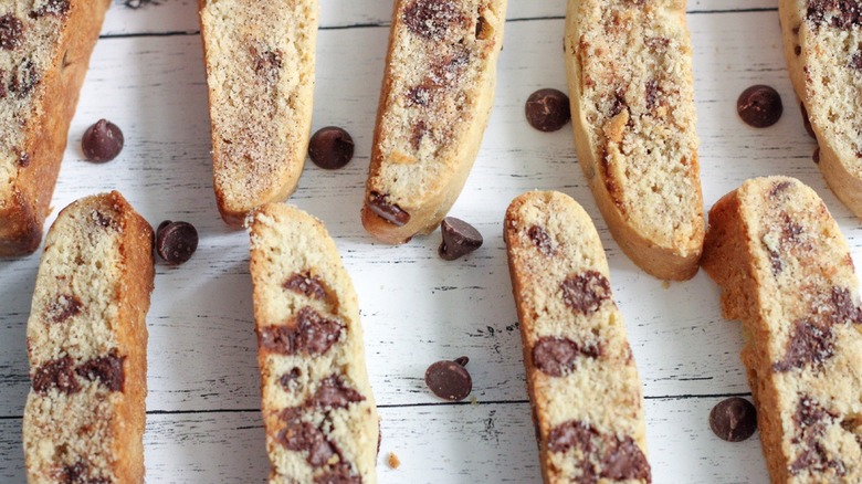Slices of chocolate chip mandel bread on a table