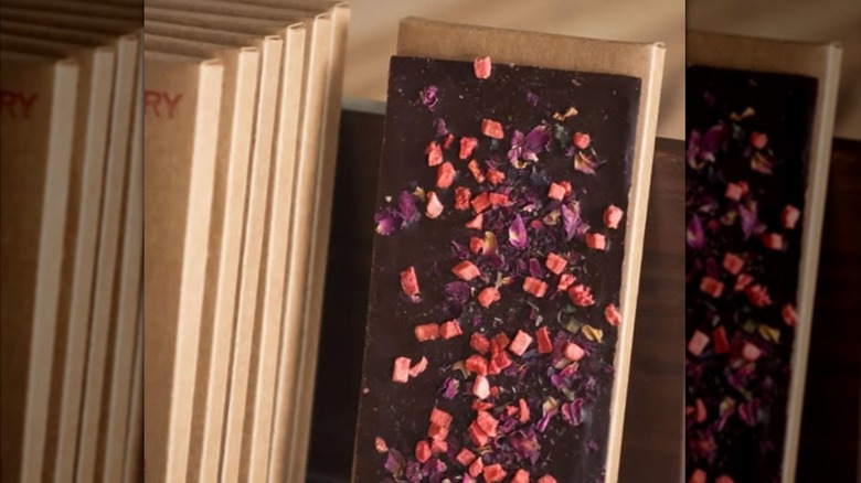 chocolate bar sprinkled with dried strawberries.