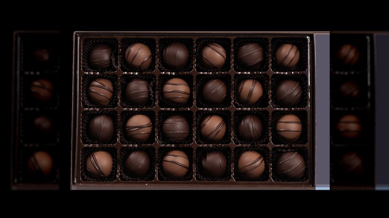 Boxed assortment of chocolate bonbons.