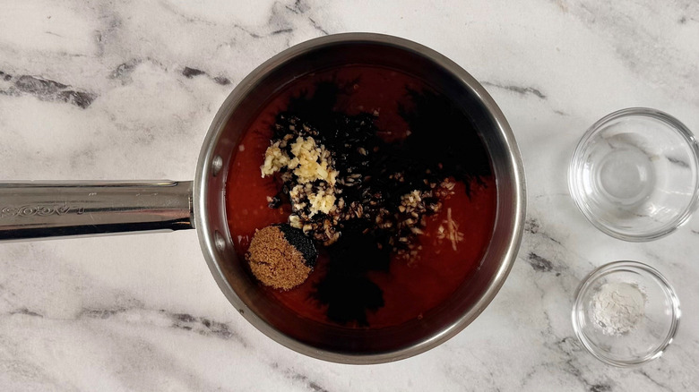 Chili sauce ingredients in saucepan