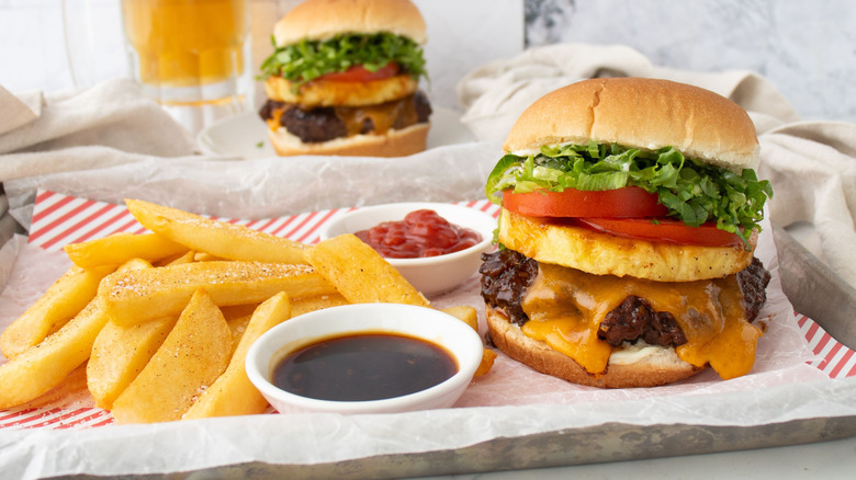 Banzai burger with fries, ketchup, and teriyaki sauce