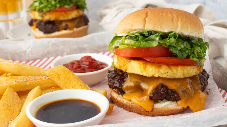Banzai burgers with fries, ketchup, and teriyaki sauce