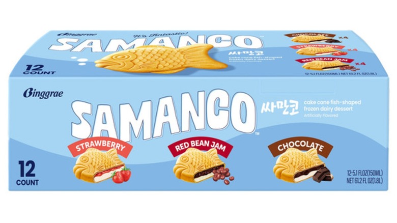 Package of fish-shaped frozen dairy cake desserts.