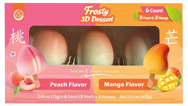 Box of frozen novelty desserts in fruit shapes with fruit flavors.