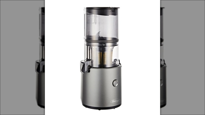 High-tech gray juicer against a white background.