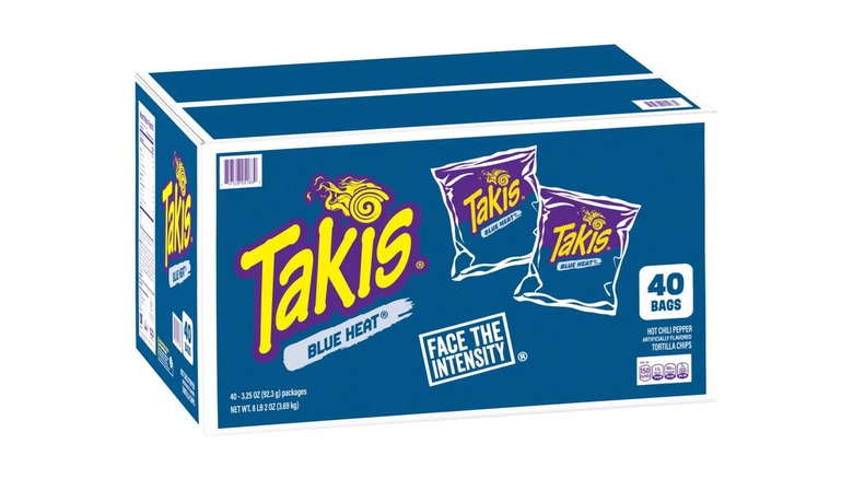 40-count box of Takis Blue Heat hot chili pepper tortilla chips against white background.
