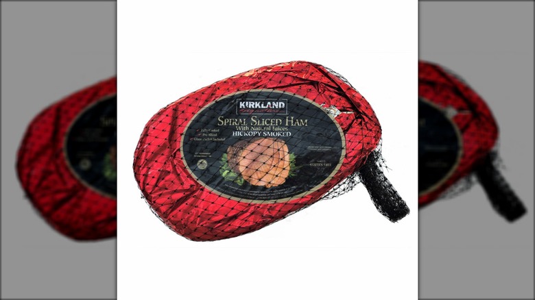 Red package of Kirkland Signature spiral sliced ham.