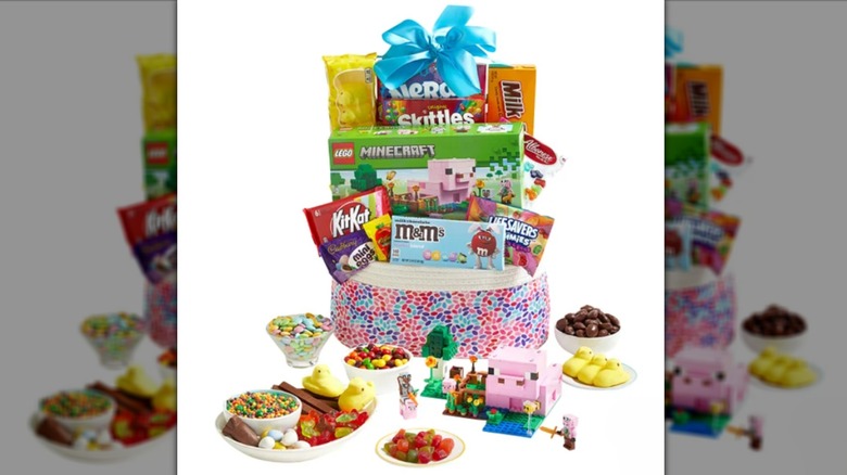 Minecraft-themed Lego Easter basket with assorted candy.