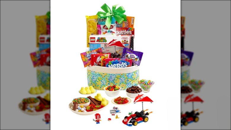 Super Mario-themed Lego Easter basket with assorted candy.