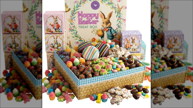 Easter treat box with assorted gummy candy and chocolates.