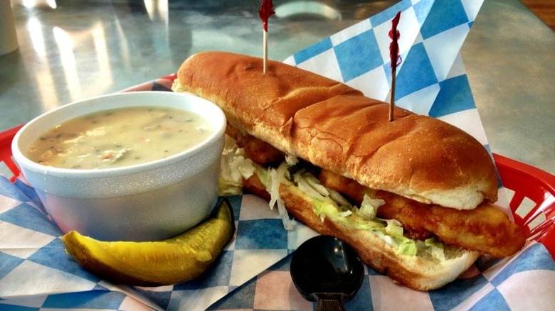 Haddock Hoagie & Chowder in basket from Summerhays Halibut N Chips
