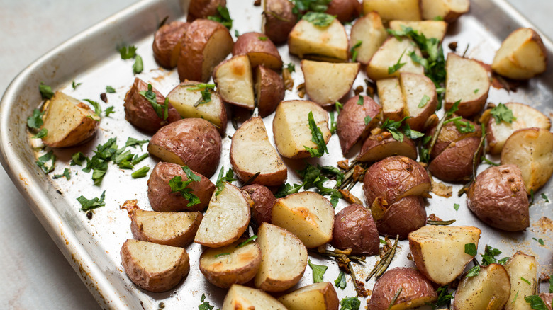 roasted potatoes on baking sheet