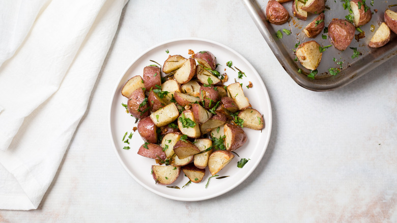 roasted potatoes served on table