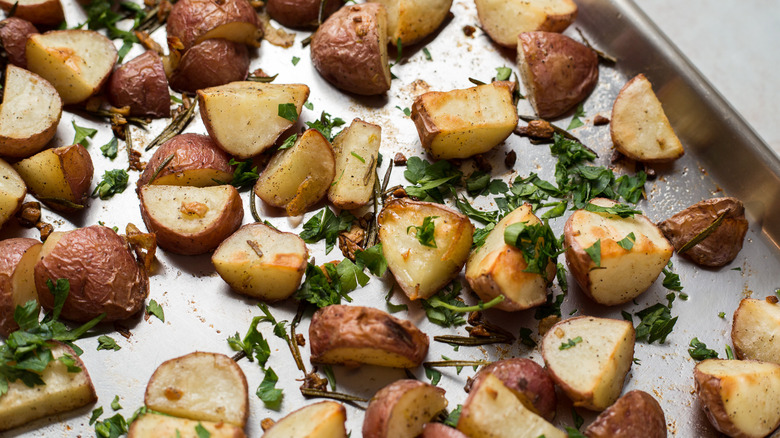 roasted potatoes on baking sheet