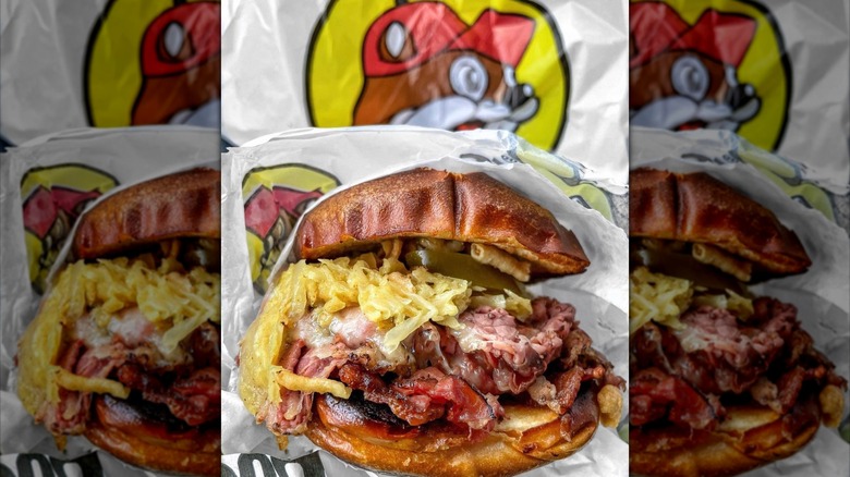 barbecue sandwich on a bun in Buc-Ee's wrapping