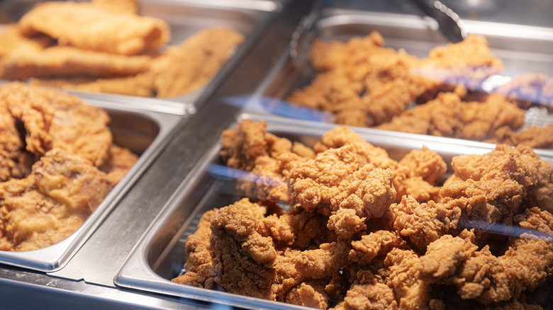 Fried chicken in display case at gas station