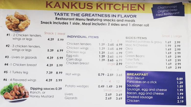Kanku's menu with a wide variety of southern comfort items listed