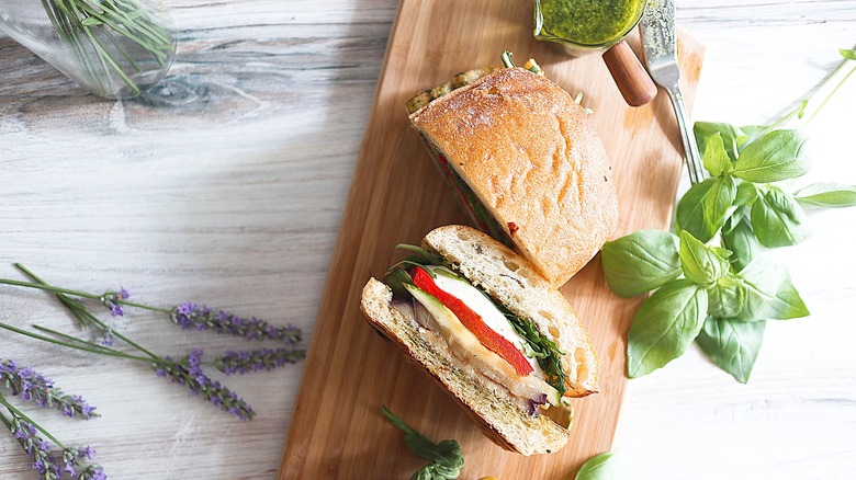 grilled veggie sandwich on tray