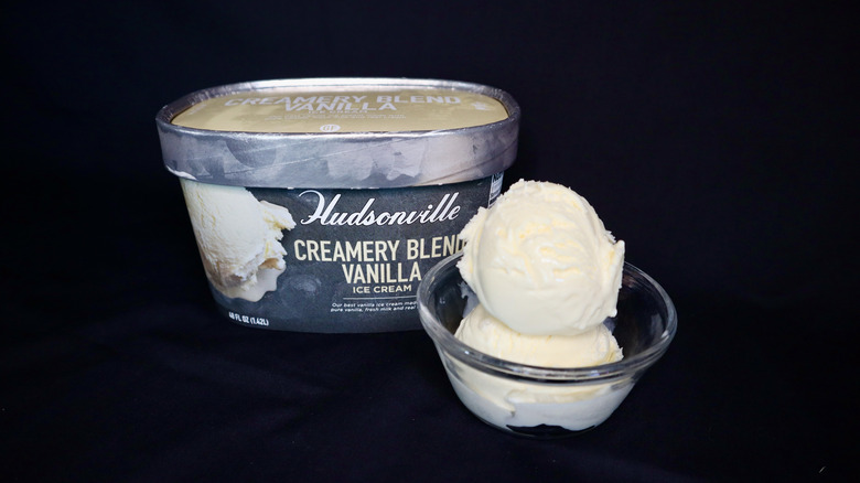 Hudsonville creamery blend vanilla ice cream carton and scoops in bowl