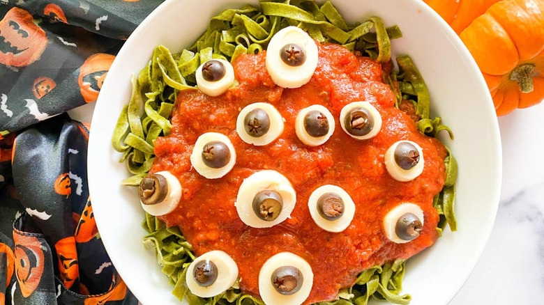 Halloween pasta with Halloween decorations