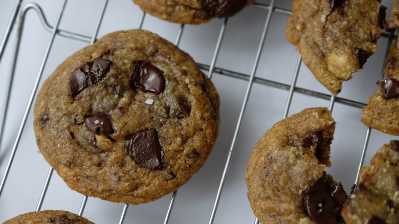 chocolate chip cookies on rack