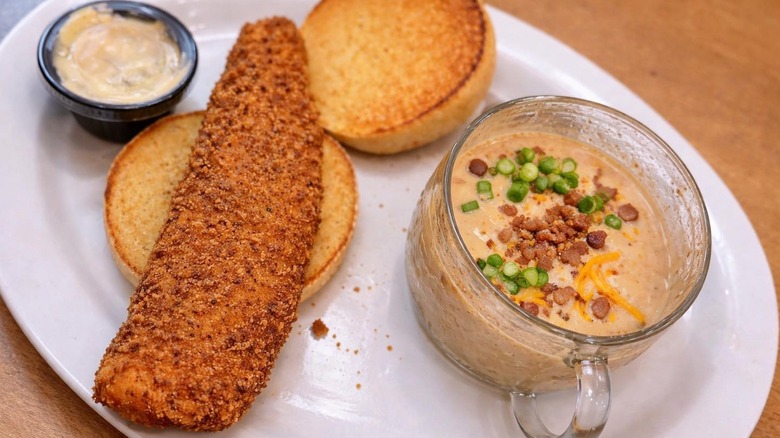 Fish sandwich and clam chowder