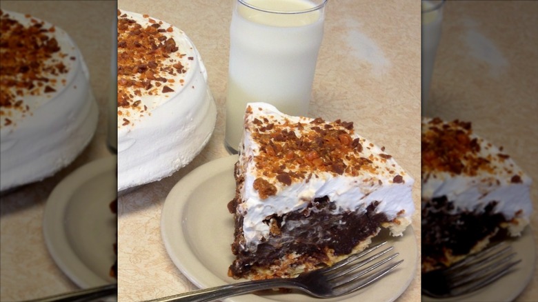 close up of a slice of chocolate pie with Butterfinger topping