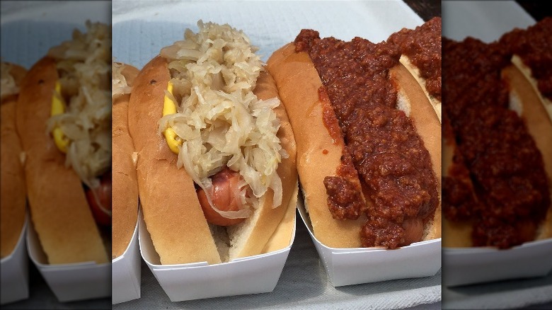 Two hot dogs, one with kraut and one with chili, from Voss Bar-B-Q.