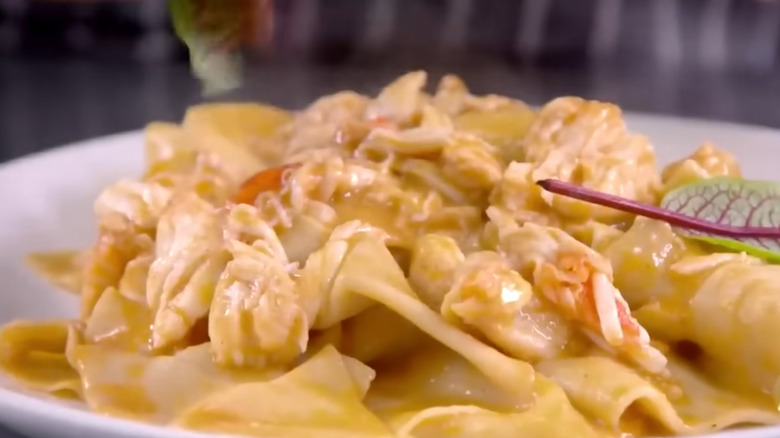 closeup of king crab pappardele