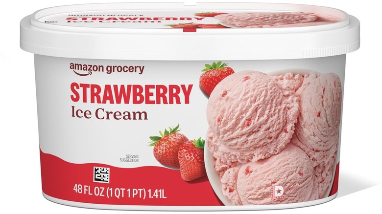 Container of strawberry ice cream.