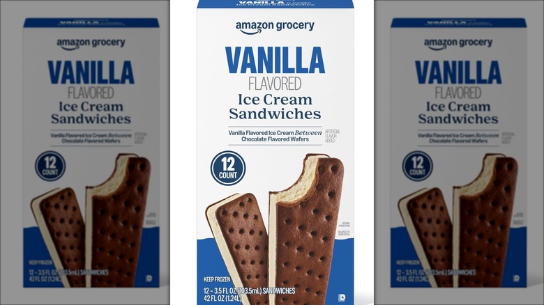 Package of vanilla-flavored chocolate wafer ice cream sandwiches.