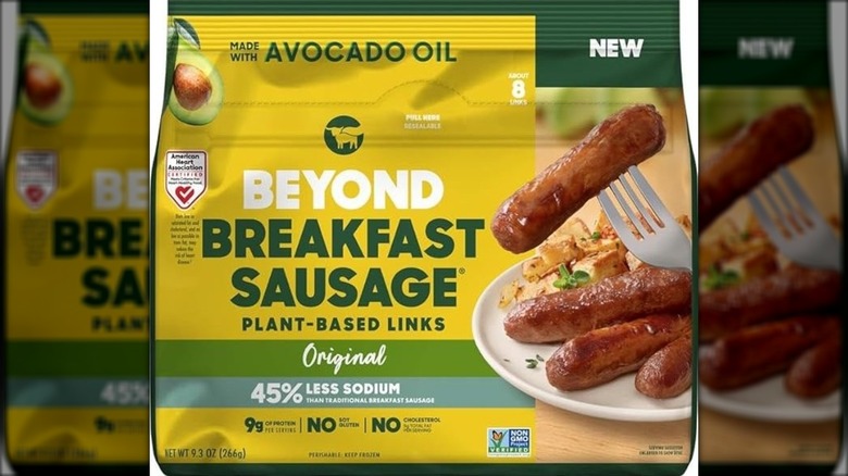 Package of plant-based faux sausage links.
