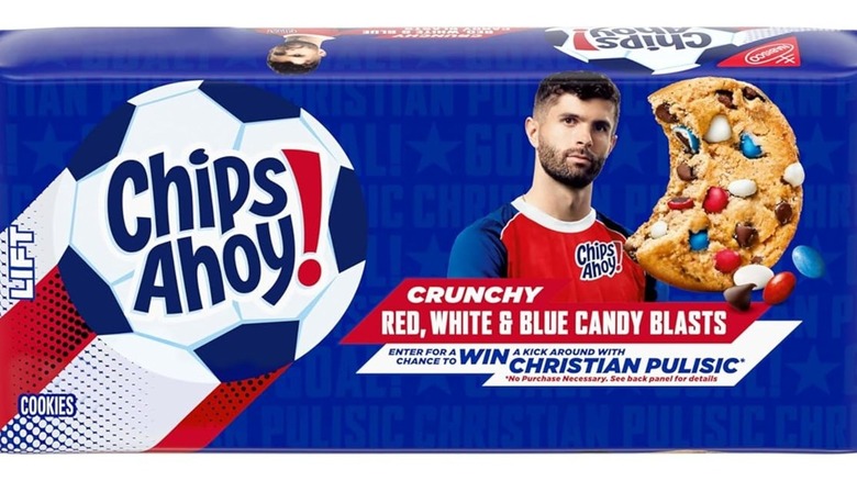Pack of chocolate chip cookies with red, white, and blue candy coating.