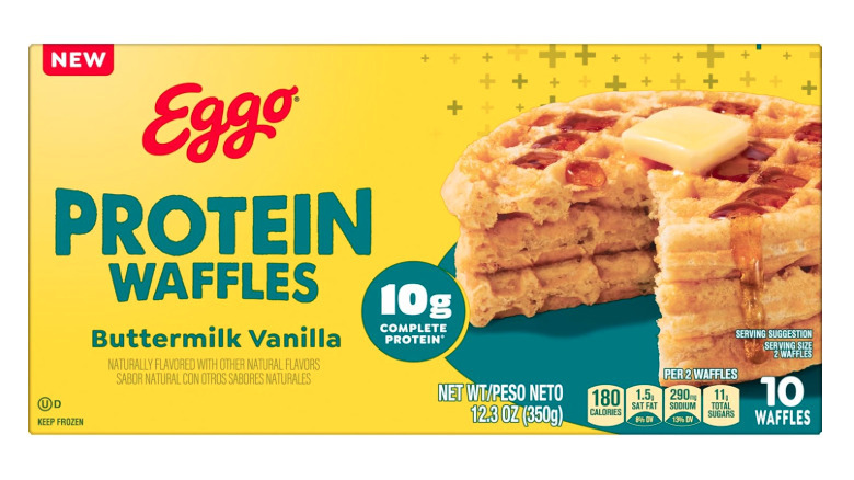 Box of protein-infused wafflers in buttermilk vanilla flavor.