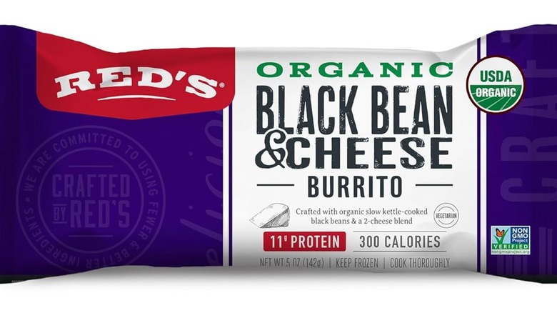 Individually packaged black bean and cheese burrito.