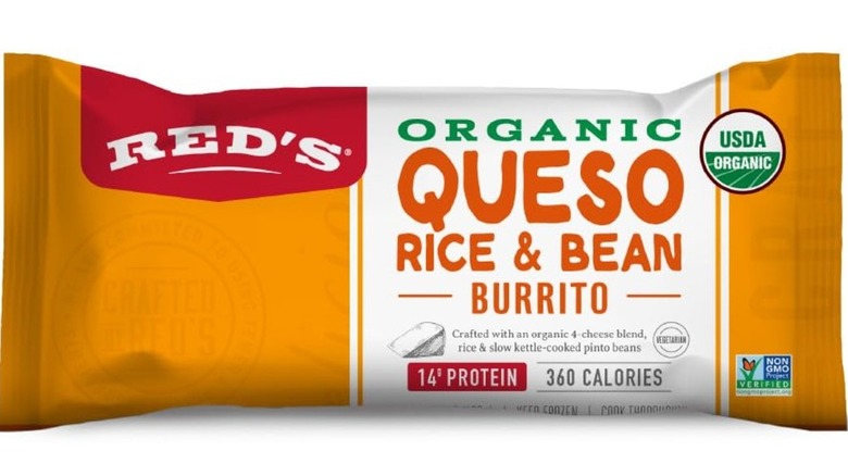 Individually packaged queso, rice, and bean burrito.