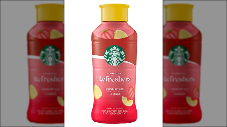 Bottle of Starbucks Refresher beverage in strawberry açaí flavor.