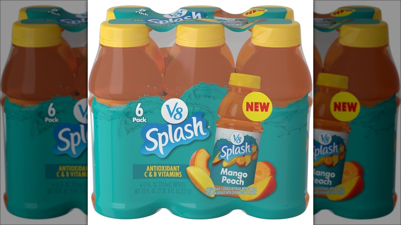 Plastic-wrapped six-pack of large fruit juice bottles.