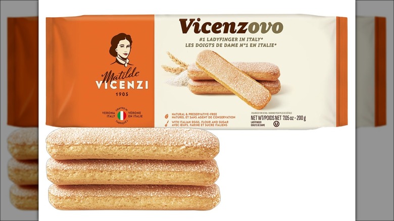 Pack of lady fingers with three cookies sitting in front of the package.