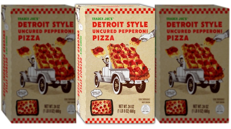 Box of Detroit style frozen pizza.